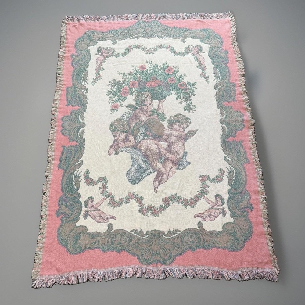 Goodwin Weavers Cherub and Floral Tapestry Throw Blanket Vintage 68" x 47"